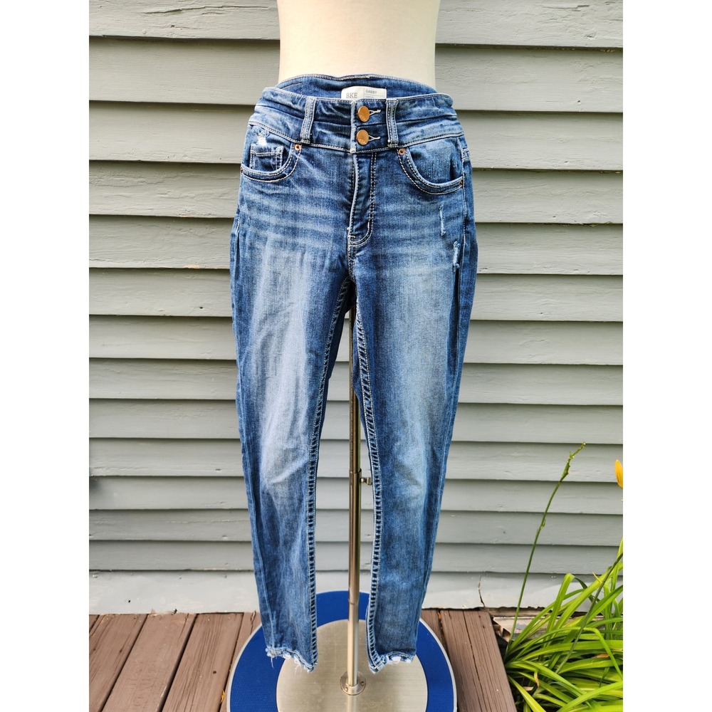 BKE Gabby Skinny Jeans‎ Blue Curvy High Rise Distressed Raw Hem 25 x 31.5